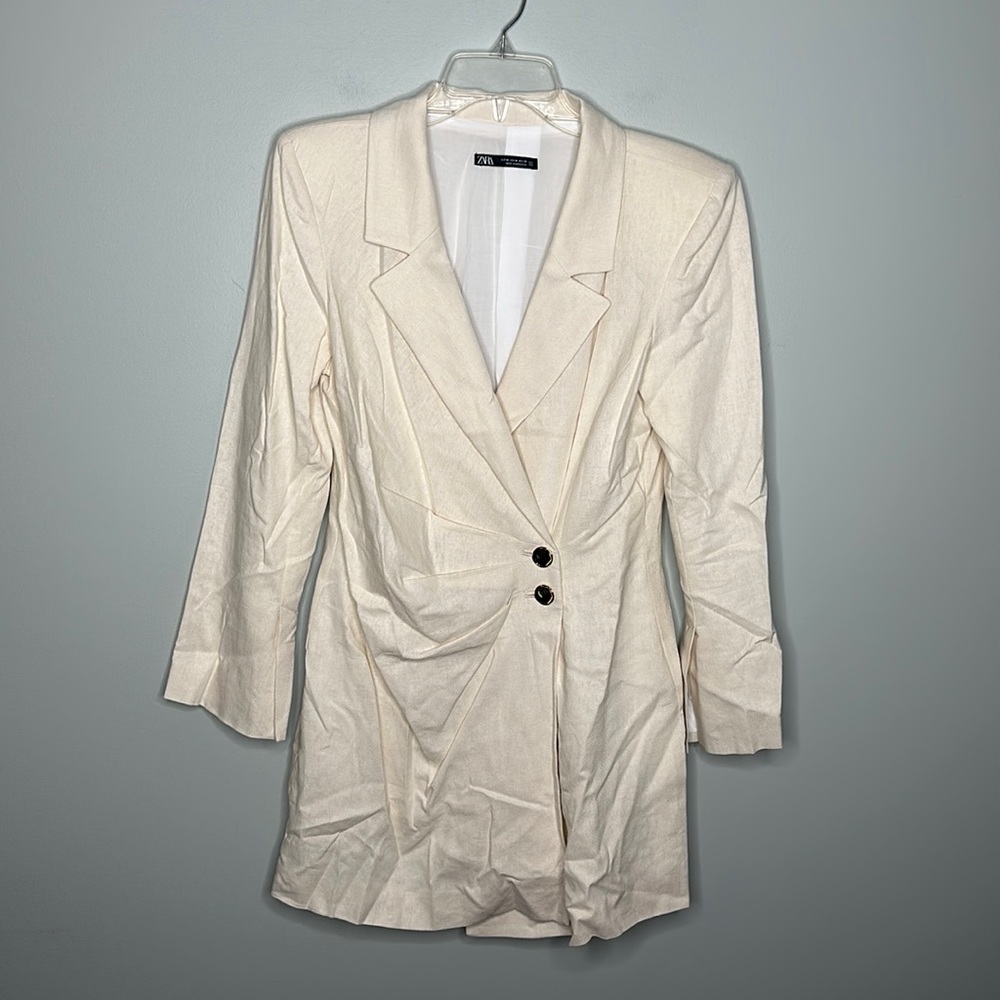 Zara Cream Colored Long Linen Blend Double Breasted Blazer Sz Medium!